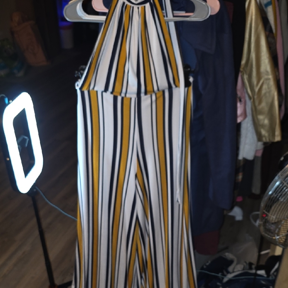 Forever 21 Backless Yellow and Black Striped Jumpsuit